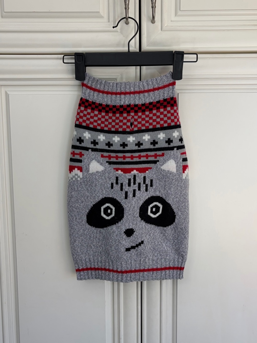 Raccoon print grey and red knit dog sweater